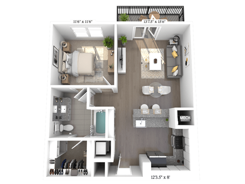 Floor plan for 1 bed, 1 bath, 728 sqft