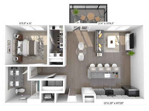 Floor plan for 1 bed, 1 bath, 836 sqft