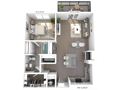 Floor plan for 1 bed, 1 bath, 840 sqft