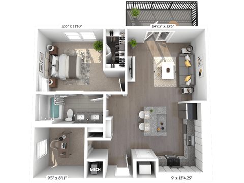 Floor plan for 1 bed, 1 bath, 896 sqft