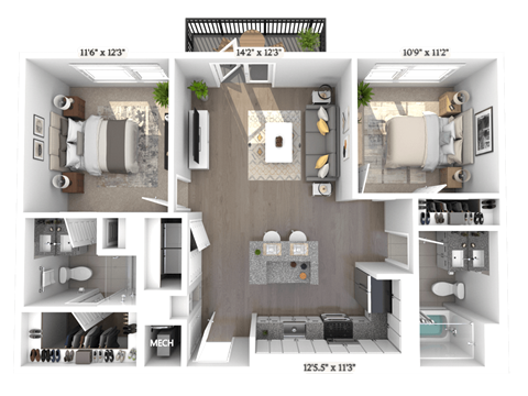 Floor plan for 2 beds, 2 baths, 950 sqft