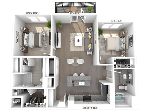 Floor plan for 2 beds, 2 baths, 1092 sqft