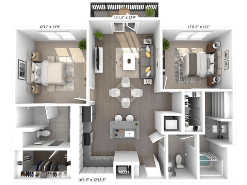 Floor plan for 2 beds, 2 baths, 1142 sqft