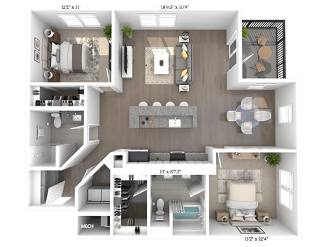 Floor plan for 2 beds, 2 baths, 1276 sqft