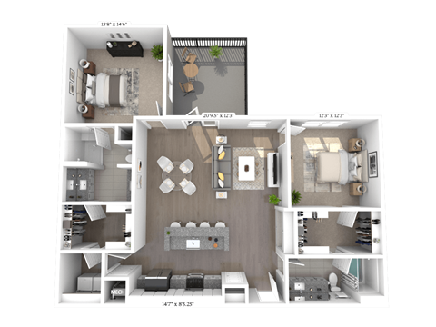 Floor plan for 2 beds, 2 baths, 1315 sqft