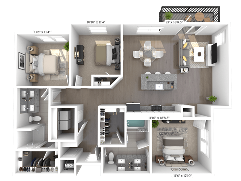 Floor plan for 3 beds, 2 baths, 1447 sqft