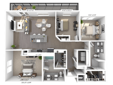 Floor plan for 3 beds, 2 baths, 1503 sqft