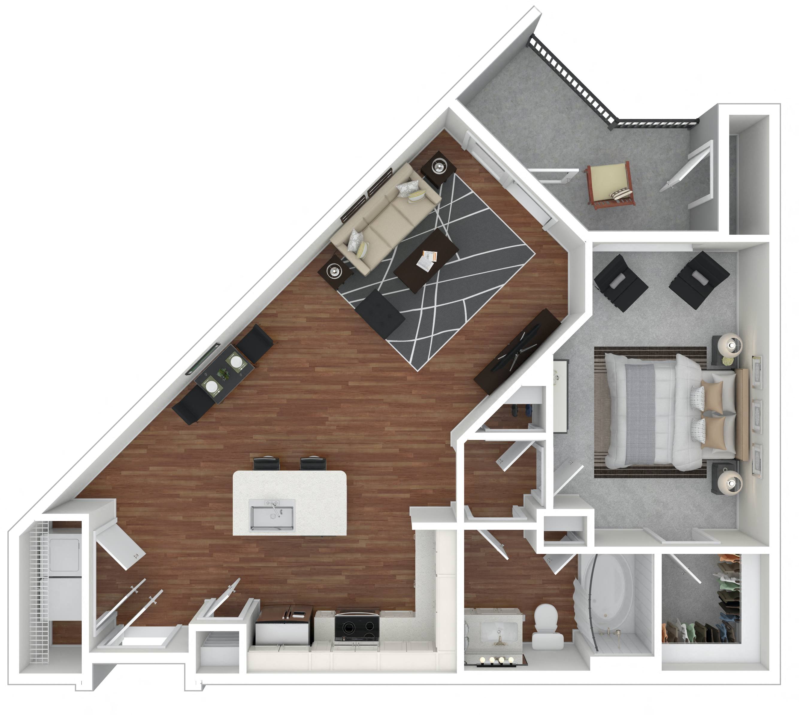 Floor plan for 1 bed, 1 bath, 773 sqft