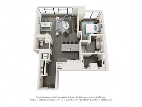 Floor plan for 1 bed, 2 baths, 1041 sqft