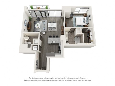 Floor plan for 1 bed, 1 bath, 1033 sqft