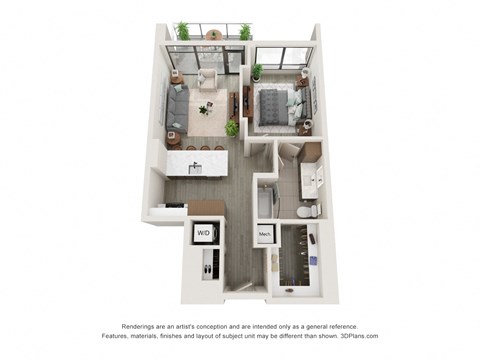 Floor plan for 1 bed, 1 bath, 739 sqft