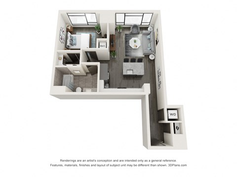 Floor plan for 1 bed, 1 bath, 739 sqft