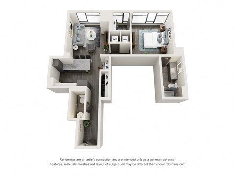 Floor plan for 1 bed, 2 baths, 823 sqft