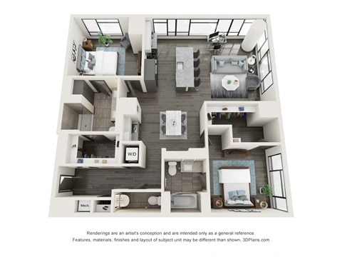 Floor plan for 2 beds, 3 baths, 1486 sqft