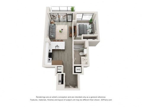 Floor plan for 1 bed, 1 bath, 632 sqft