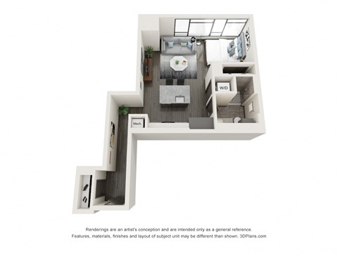 Floor plan for studio, 1 bath, 632 sqft