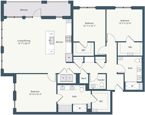 Floor plan for 3 beds, 2.5 baths, 1807 sqft