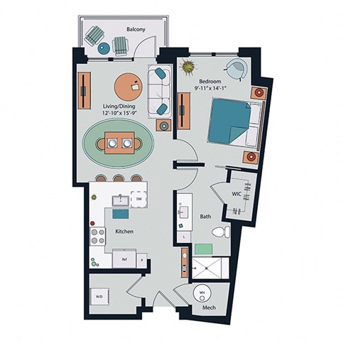 Floor plan for 1 bed, 1 bath, 848 sqft