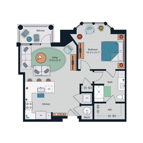 Floor plan for 1 bed, 1 bath, 825 sqft