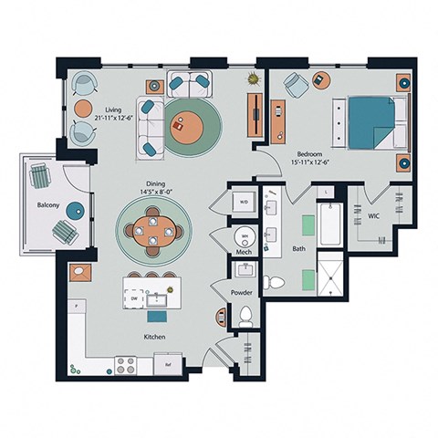 Floor plan for 1 bed, 1.5 baths, 1082 sqft