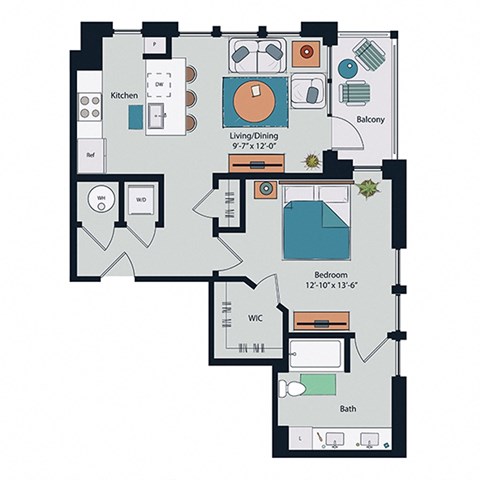 Floor plan for 1 bed, 1 bath, 810 sqft