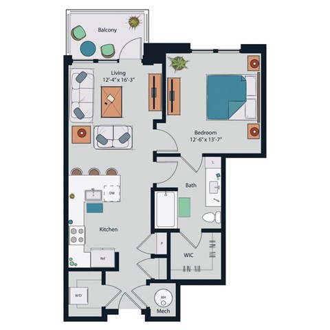 Floor plan for 1 bed, 1 bath, 810 sqft