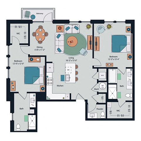 Floor plan for 2 beds, 2.5 baths, 1427 sqft