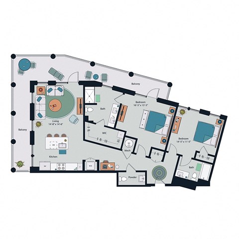 Floor plan for 2 beds, 2.5 baths, 1451 sqft