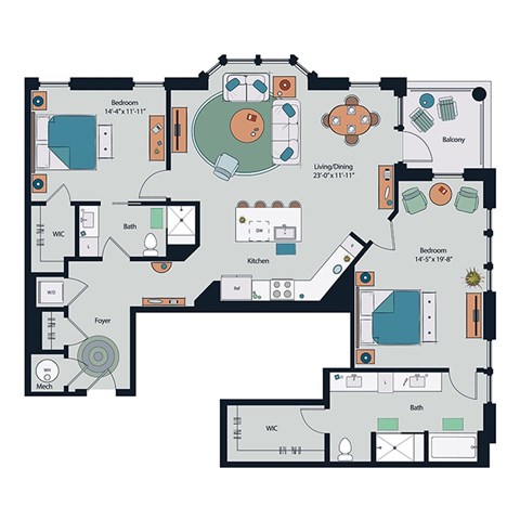 Floor plan for 2 beds, 2 baths, 1556 sqft