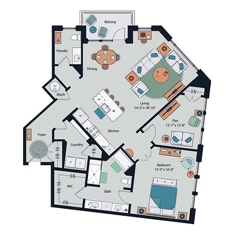 Floor plan for 2 beds, 1.5 baths, 1614 sqft