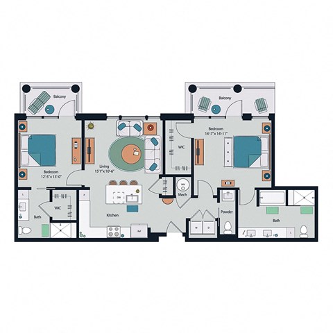 Floor plan for 2 beds, 2.5 baths, 1225 sqft