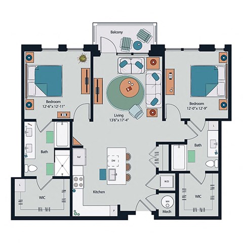 Floor plan for 2 beds, 2 baths, 1267 sqft