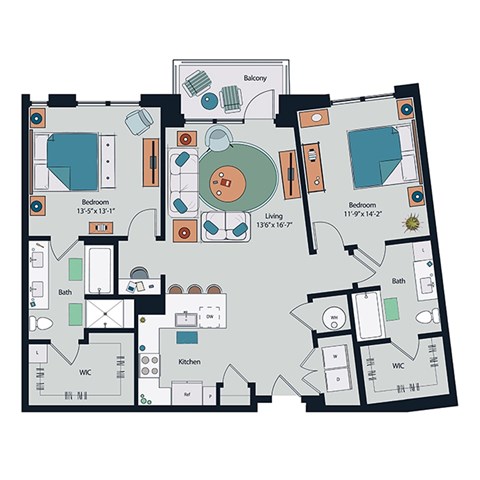 Floor plan for 2 beds, 2 baths, 1323 sqft
