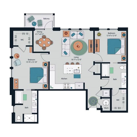 Floor plan for 2 beds, 2 baths, 1355 sqft