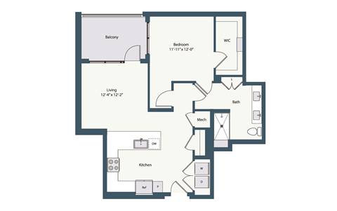 Floor plan for 1 bed, 1 bath, 845 sqft