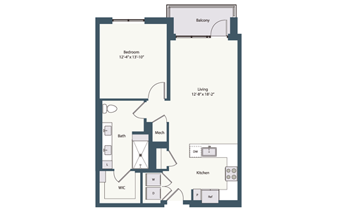Floor plan for 1 bed, 1 bath, 852 sqft