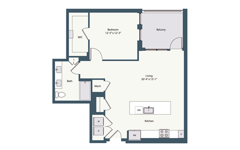 Floor plan for 1 bed, 1 bath, 896 sqft