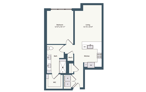 Floor plan for 1 bed, 1 bath, 875 sqft