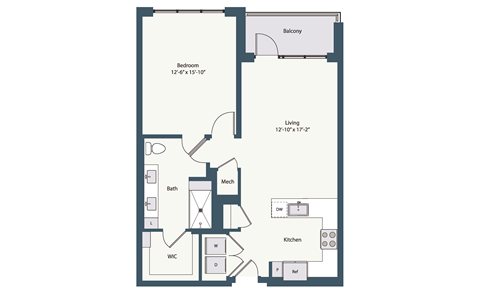 Floor plan for 1 bed, 1 bath, 874 sqft