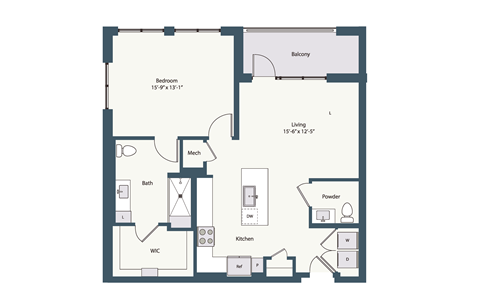 Floor plan for 1 bed, 1.5 baths, 932 sqft