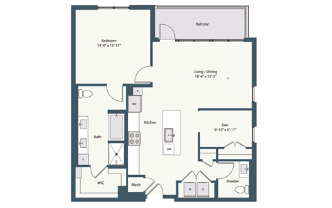 Floor plan for 1 bed, 1.5 baths, 1087 sqft