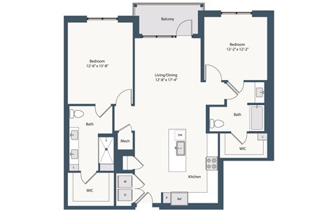 Floor plan for 2 beds, 2 baths, 1291 sqft