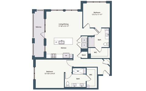 Floor plan for 2 beds, 2 baths, 1305 sqft