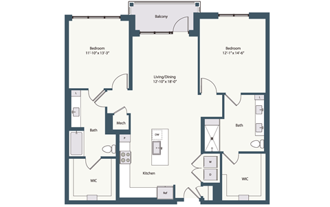 Floor plan for 2 beds, 2 baths, 1365 sqft