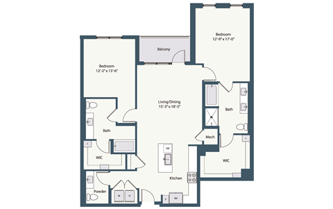 Floor plan for 2 beds, 2.5 baths, 1467 sqft