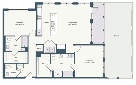 Floor plan for 2 beds, 2.5 baths, 1584 sqft