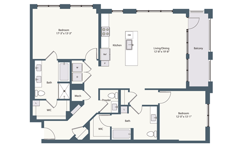 Floor plan for 2 beds, 2.5 baths, 1462 sqft