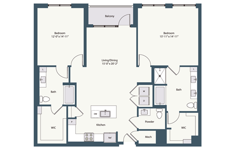 Floor plan for 2 beds, 2.5 baths, 1442 sqft