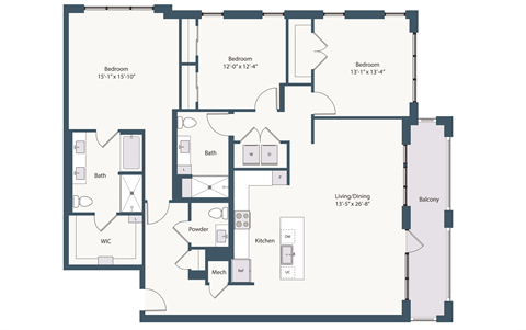 Floor plan for 3 beds, 2.5 baths, 1846 sqft