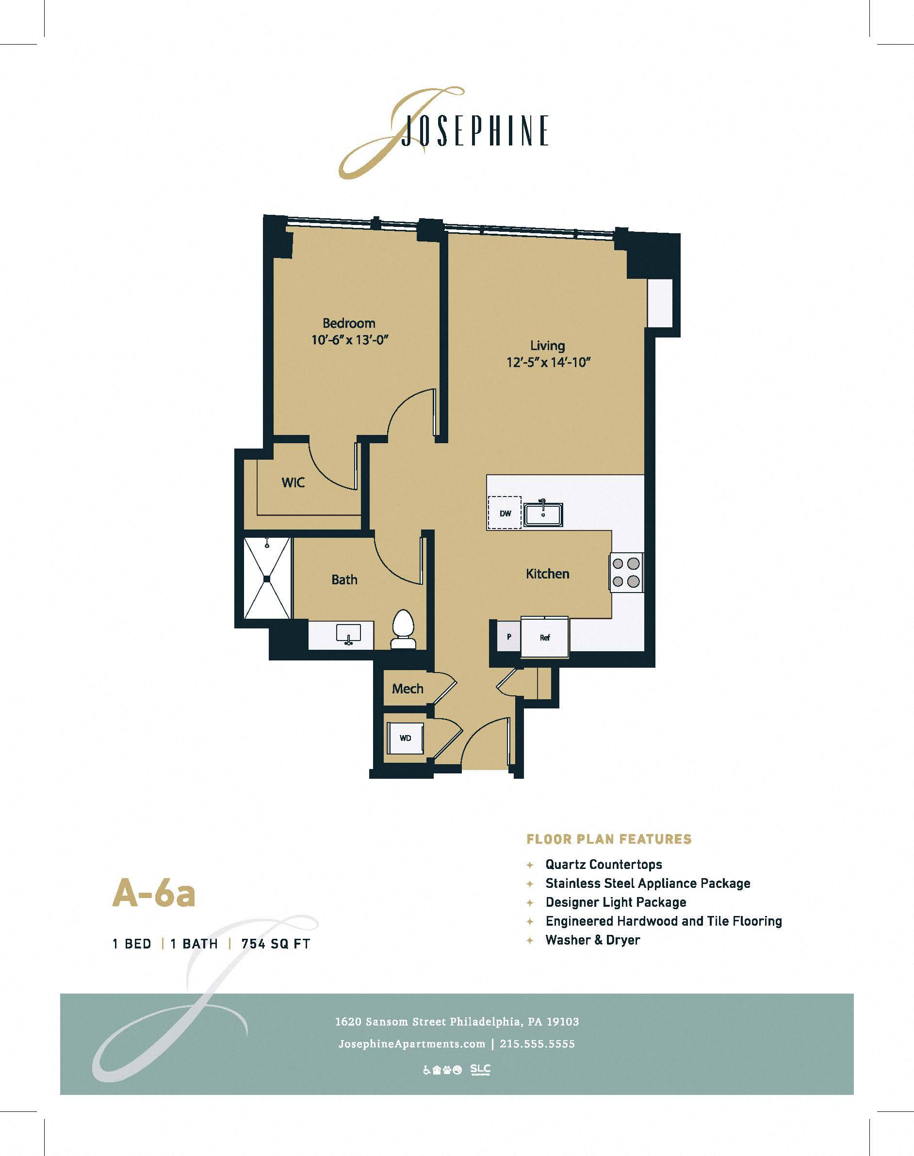 Floor plan for 1 bed, 1 bath, 754 sqft